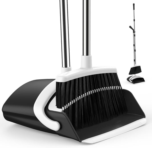 Broom and Dustpan Set for Home, 51-In Long Adjustable Handle Angle Broom and Dustpan Combo Set with Dust Pan Teeth to Clean Hair for Home Kitchen Office Lobby Floor Garden (Black&White)