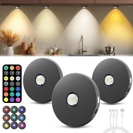 Puck Lights with Remote Control, 2000Mah Rechargeable Cabinet Light, under Counter Tap Light Wireless, Display Cabinet, Shelf, Closet，Dimmable，Magnetic，Push Lights Battery Operated， (Black, 3 Pcs)