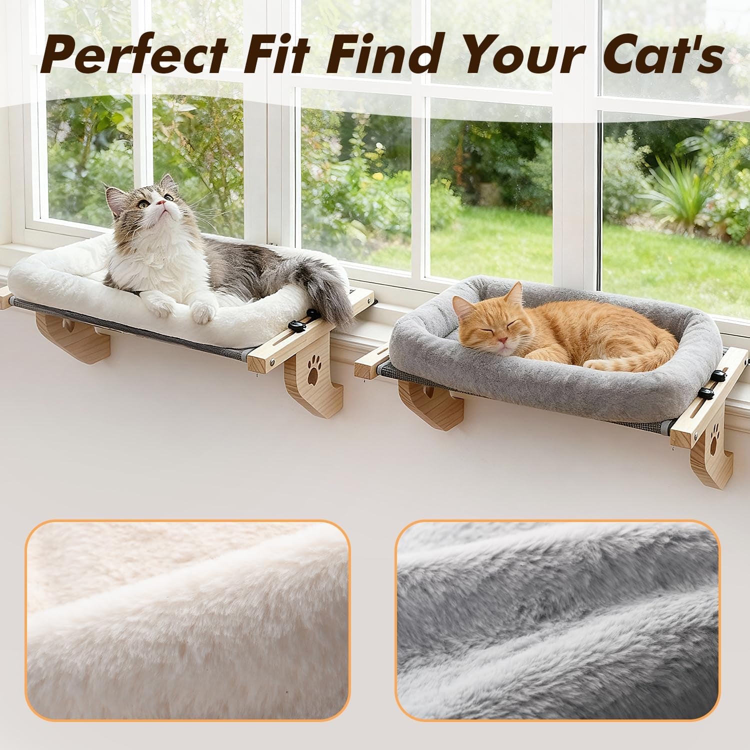 AMOSIJOY Cat Sill Window Perch Sturdy Hammock Window Seat with Cushion Bed Cover, Wood & Metal Frame for Large Cats, Easy to Adjust Cat Bed for Windowsill, Bedside, Drawer and Cabinet(Cushion Bed)