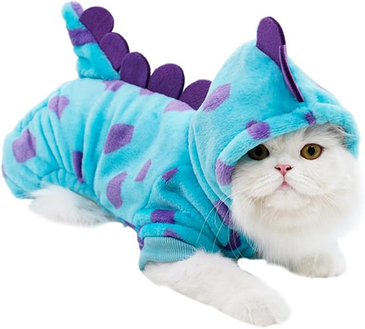 Dinosaur Dog Clothes for Small Dogs in Girl Boy Styles,Fleece Winter Puppy Hoodies with Leash Ring,Cold Weather Coat for Cat,Funny Dog Dinosaur Costume for Christmas Halloween. (Blue, Large)