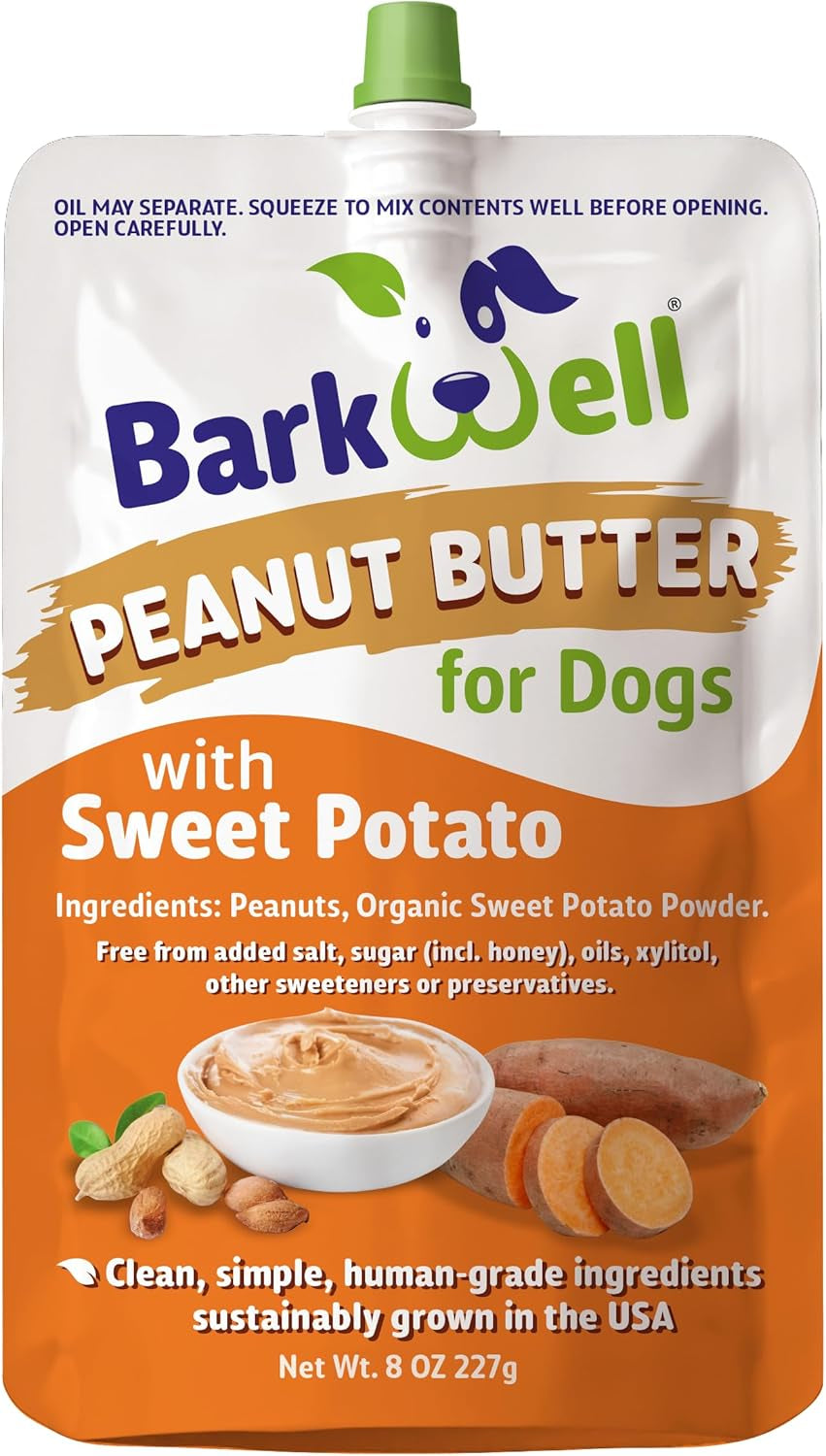 Barkwell Peanut Butter Squeeze - 8Oz Pouch Sweet Potato All-Natural Dog Peanut Butter, Sourced and Made in the USA