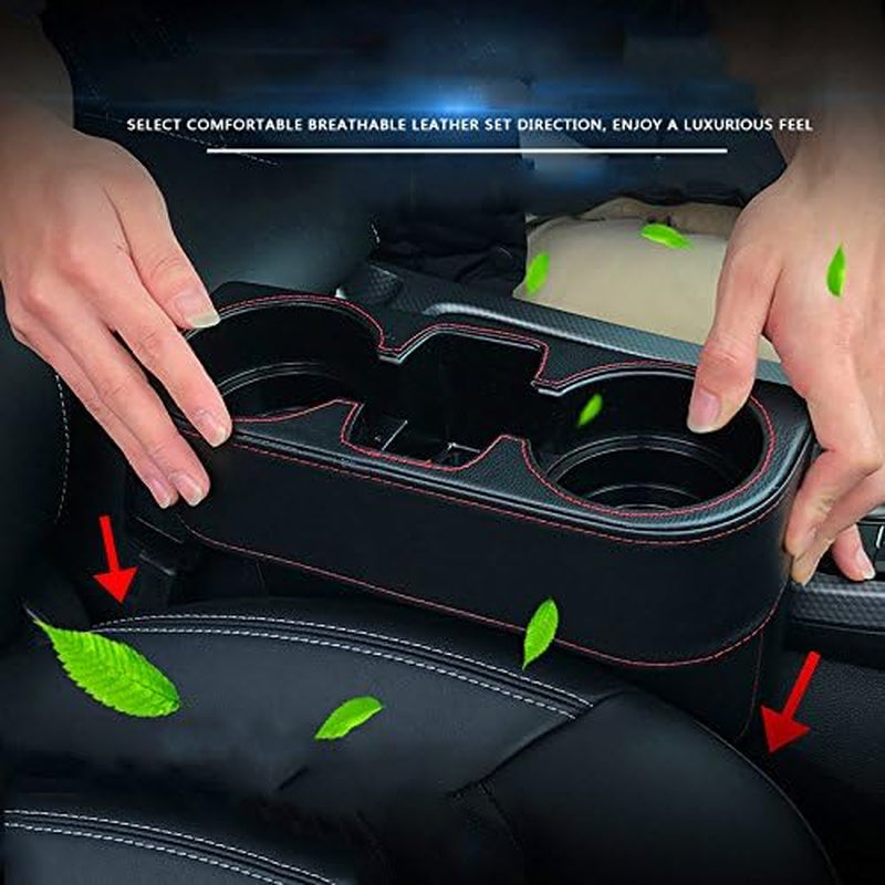 IOKONE Car Cup Holder, PU Leather, Car Seat Gap Filler Organizer, Black