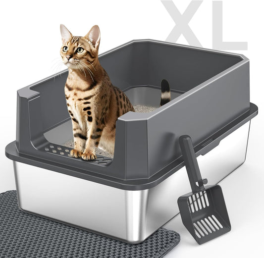 Stainless Steel Litter Box, Extra Large Litter Boxes for Big Cats, Xlarge Metal Cat Litter Box with Lid, Anti-Urine Leakage XL Box with High Sides, Easy Clean, Non-Sticky, Scoop Included
