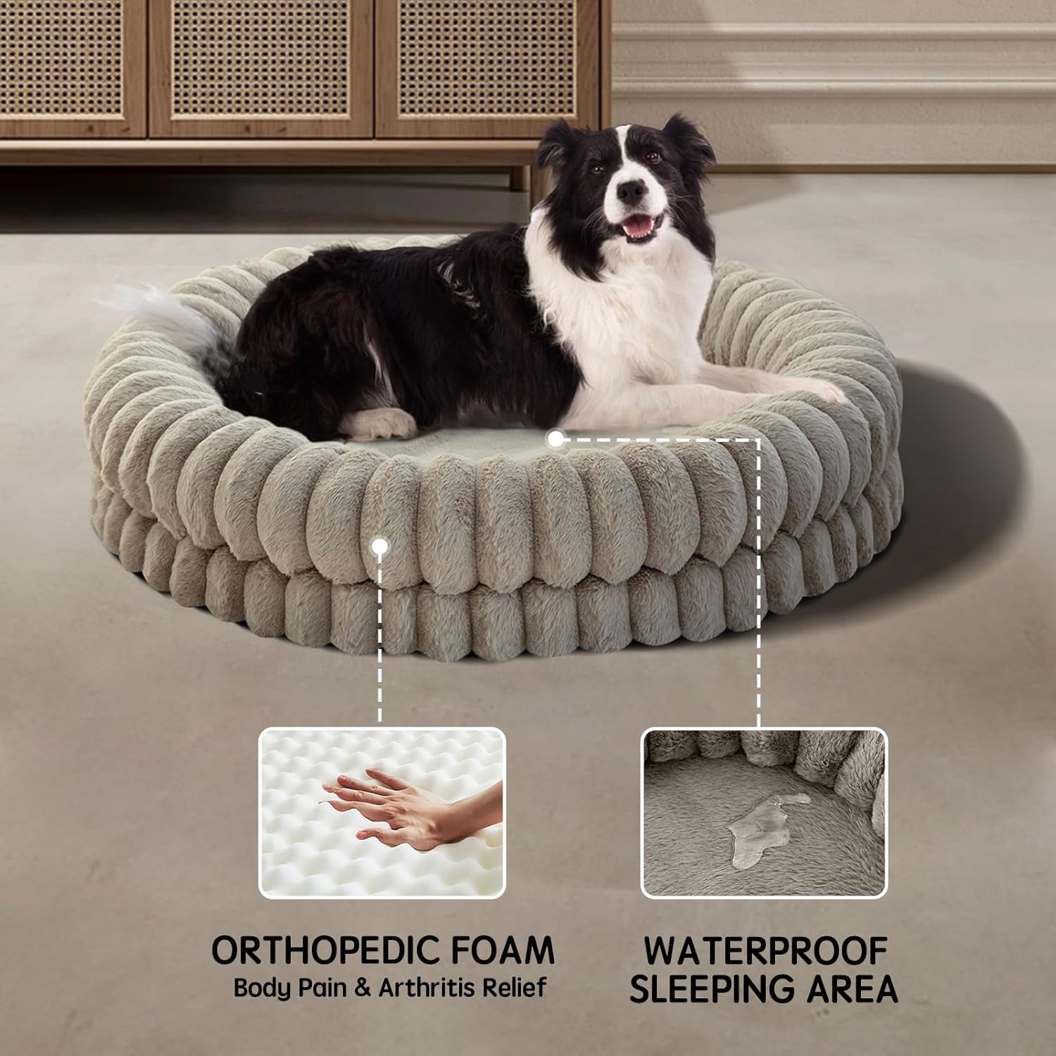 BALANCE Luxury Donut Dog Bed, 36 Inches round Dog Beds Large Sized Dogs Washable, Orthopedic Calming Dogs Bed for Pets with Anti-Slip Bottom, Oatmeal