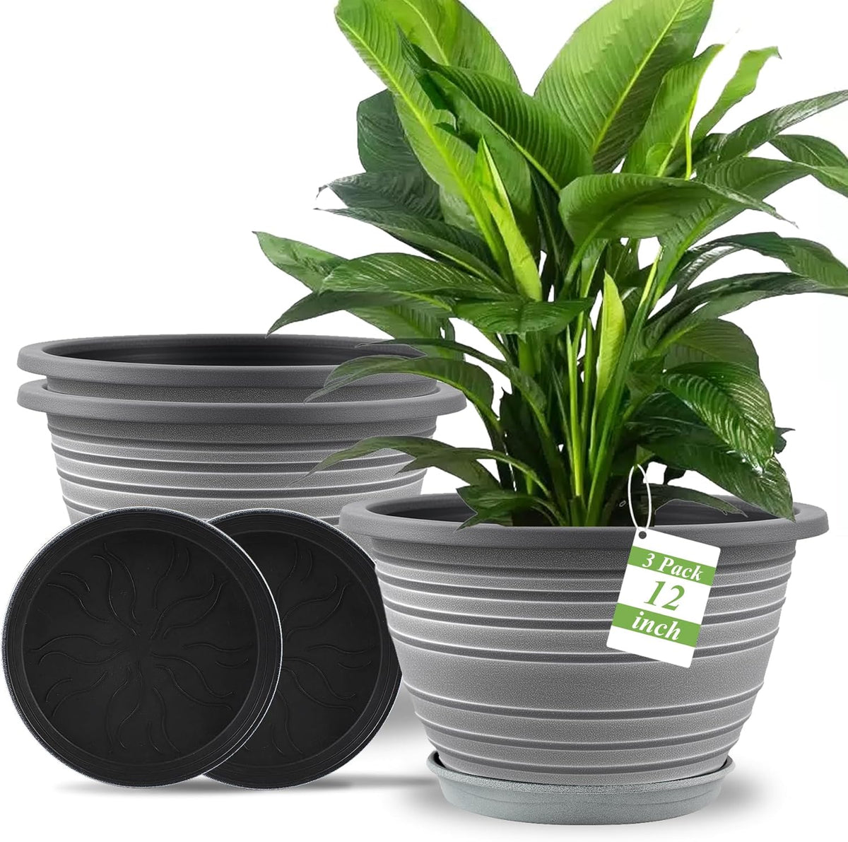 KPUVX 3 Pack 12 Inch Pots for Plants,Plastic Flower Pots Outdoor Indoor