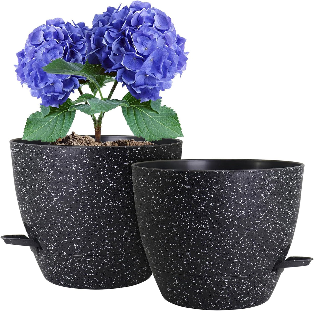 WSMKSZ 10 Inch Self Watering Pots, Planter, Plant Pots with Mesh Drainage Holes for Indoor Outdoor House Plants and Garden, Pack of 2 Plastic Flower Pots with Deep Reservoir, Speckled Black
