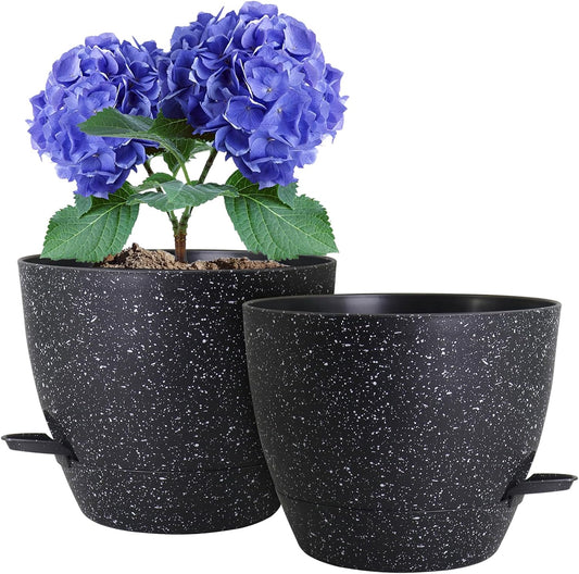 WSMKSZ 10 Inch Self Watering Pots, Planter, Plant Pots with Mesh Drainage Holes for Indoor Outdoor House Plants and Garden, Pack of 2 Plastic Flower Pots with Deep Reservoir, Speckled Black
