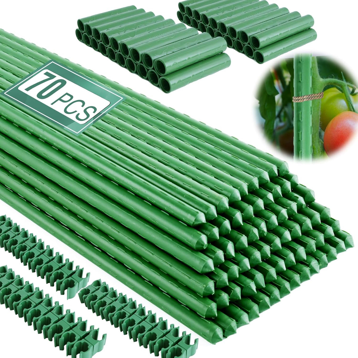 Fabulas Garden Stakes 16 Inch 70 Pack, Diy 4Ft 5Ft 6Ft 7Ft 8Ft Tomato Stakes Plastic Coated Metal Plant Sticks Stakes Supports with 40 Connectors 30 Rotatable Clips for Indoor Outdoor Plants Vegetable