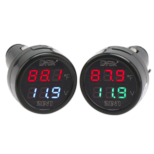 DROK Car Thermometer, 2Pcs Digital Voltage 10-170 Deg F Temperature Monitor Tester Meter LED Display Volt Fahrenheit Temp Multimeter Car Automotive Motorcycle Battery Voltmeter Thermometer Detector