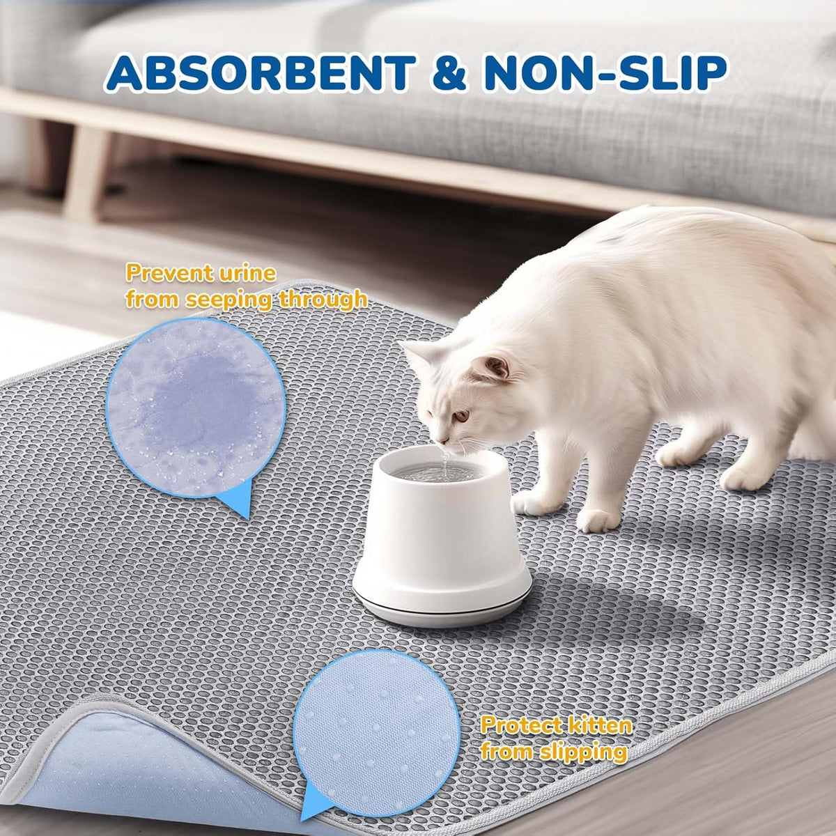 Burgeonnest Cat Litter Mat 47" X 35" XL, Washable Urine-Proof Non-Slip Gray