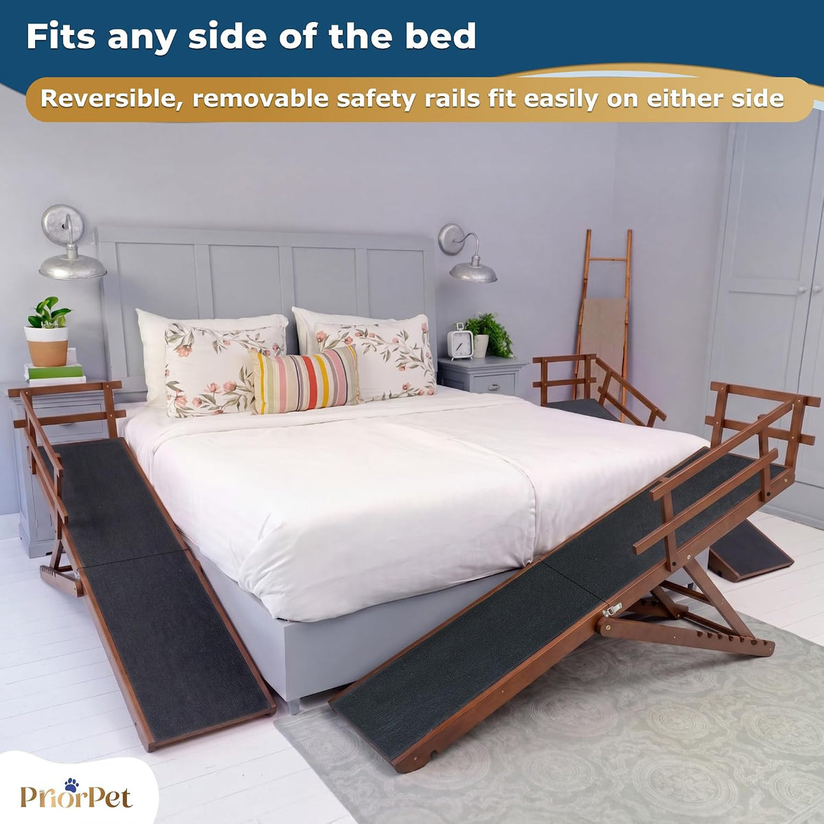 Dog Ramp for Bed - PRIORPET Birchwood Adjustable Ramp for Dogs to Get on Bed: Dog Ramps for High Beds up to 37 Inches – Foldable Ramp, Anti-Slip Grip & Safety Rails, Small Dogs up to 120Lbs – Walnut