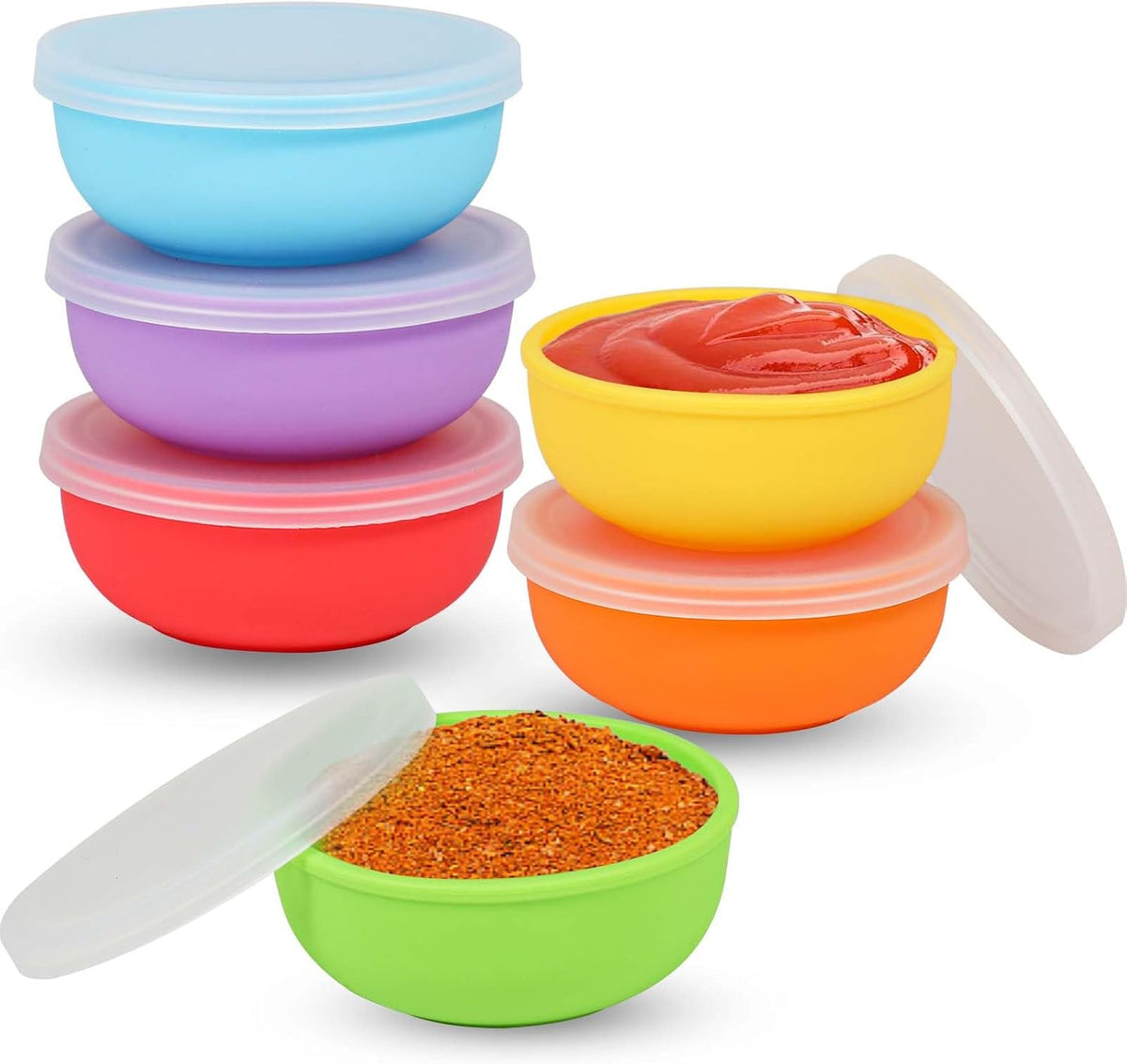 KOLUTI Nonstick Silicone 2Oz Pinch Bowls Set of 6, Mini Colorful Condiment Sauce Dip Prep Bowl with Lid, Snack Serving Food Storage Mixing Containers for Side Dish, Microwave & Freezer Safe