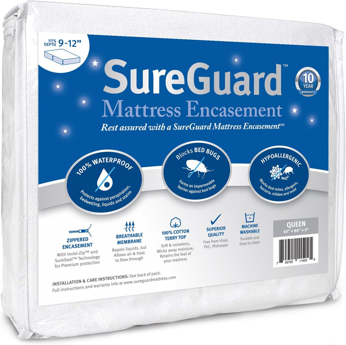 Sureguard Queen (9-12" Deep) Zippered Mattress Protector Encasement