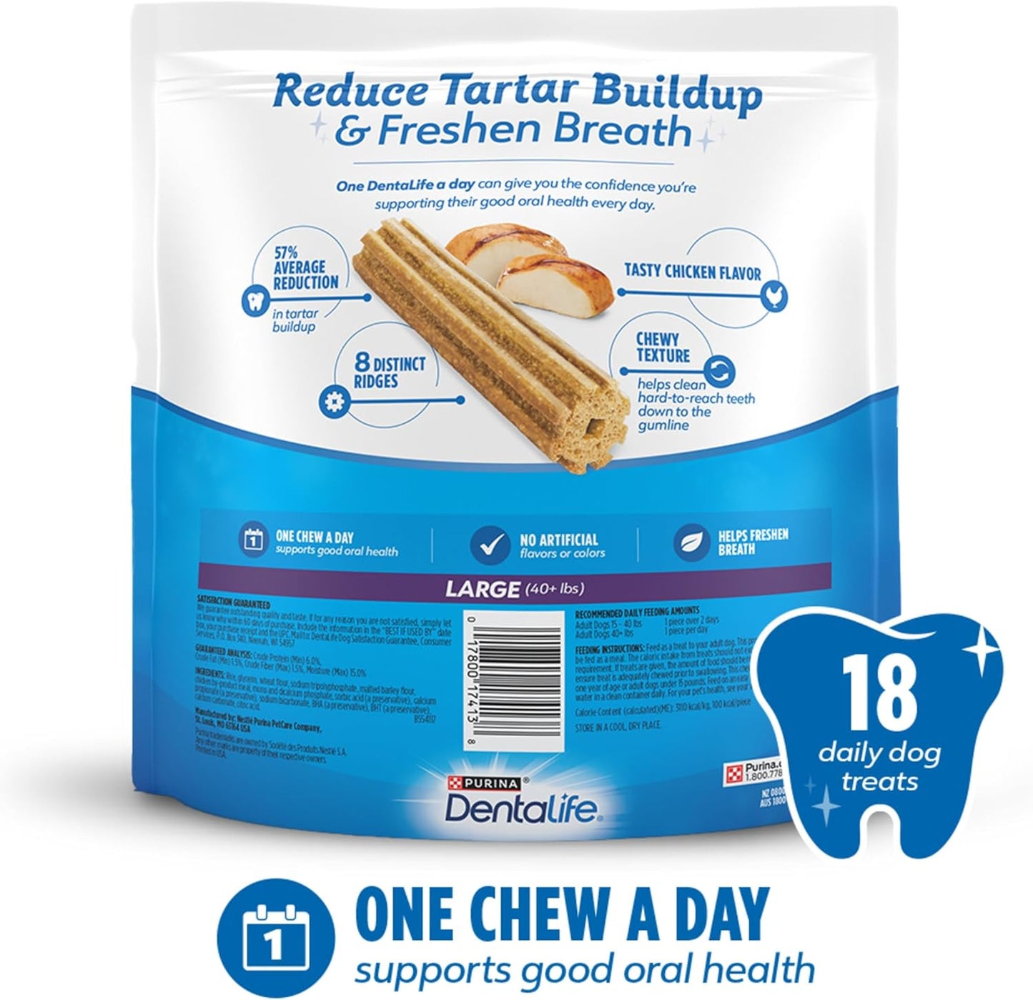 Purina Dentalife Made in USA Facilities Large Dog Dental Chews, Daily - 18 Ct. Pouch