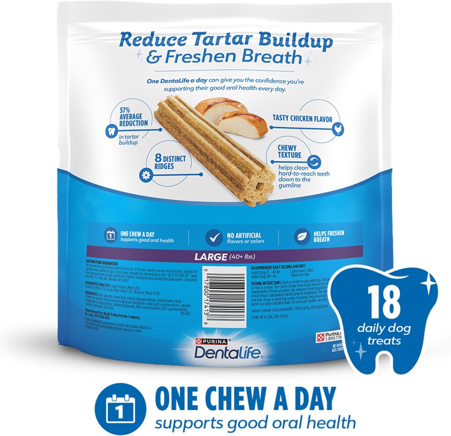 Purina Dentalife Made in USA Facilities Large Dog Dental Chews, Daily - 18 Ct. Pouch