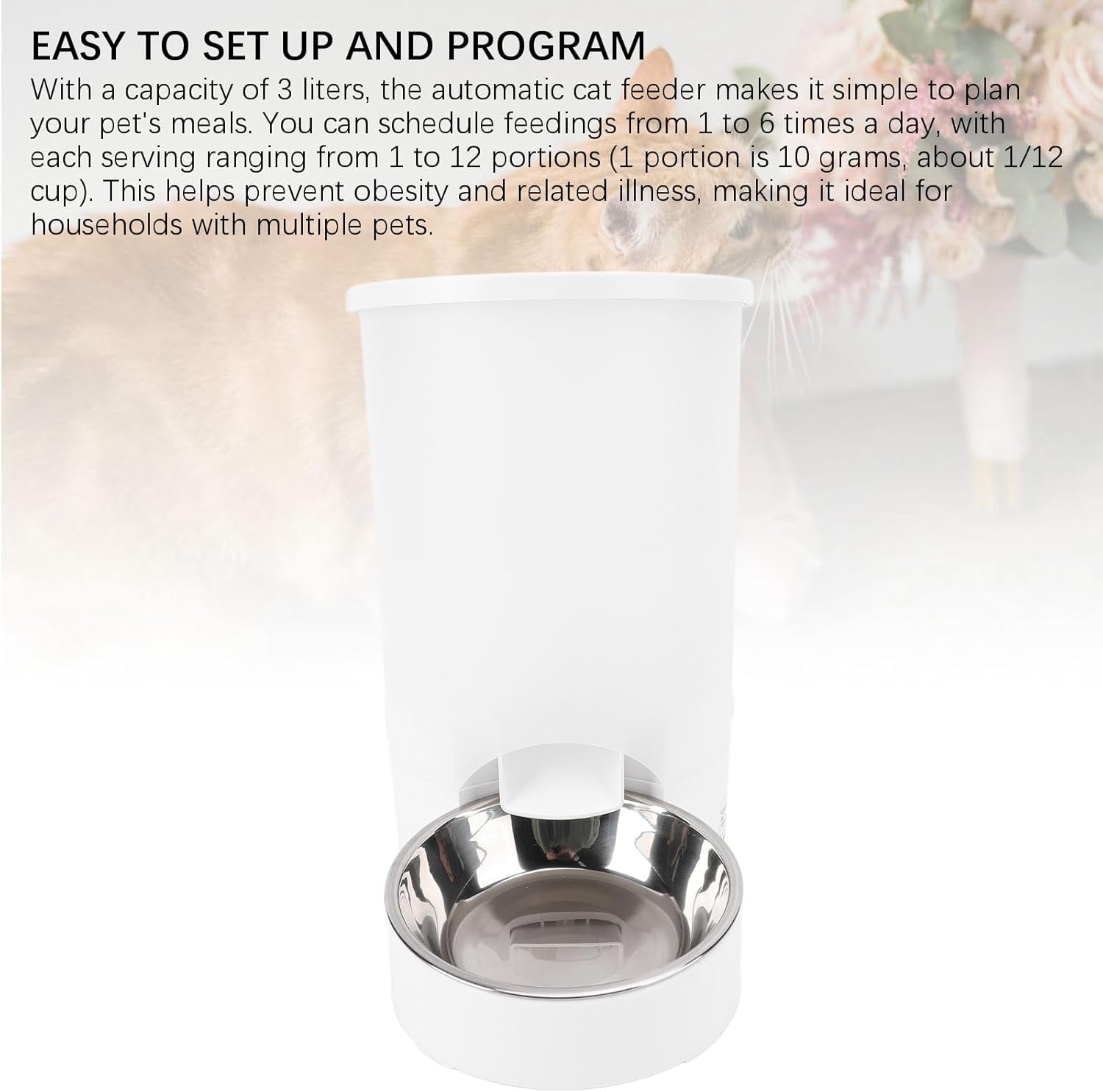 Automatic Cat Feeders, 3L Timed Cat Dry Food Dispenser, Dual Power Supply, Programmable Portion Size, 1 to 6 Meals per Day, Auto Pet Feeder for Cats and Small Dogs