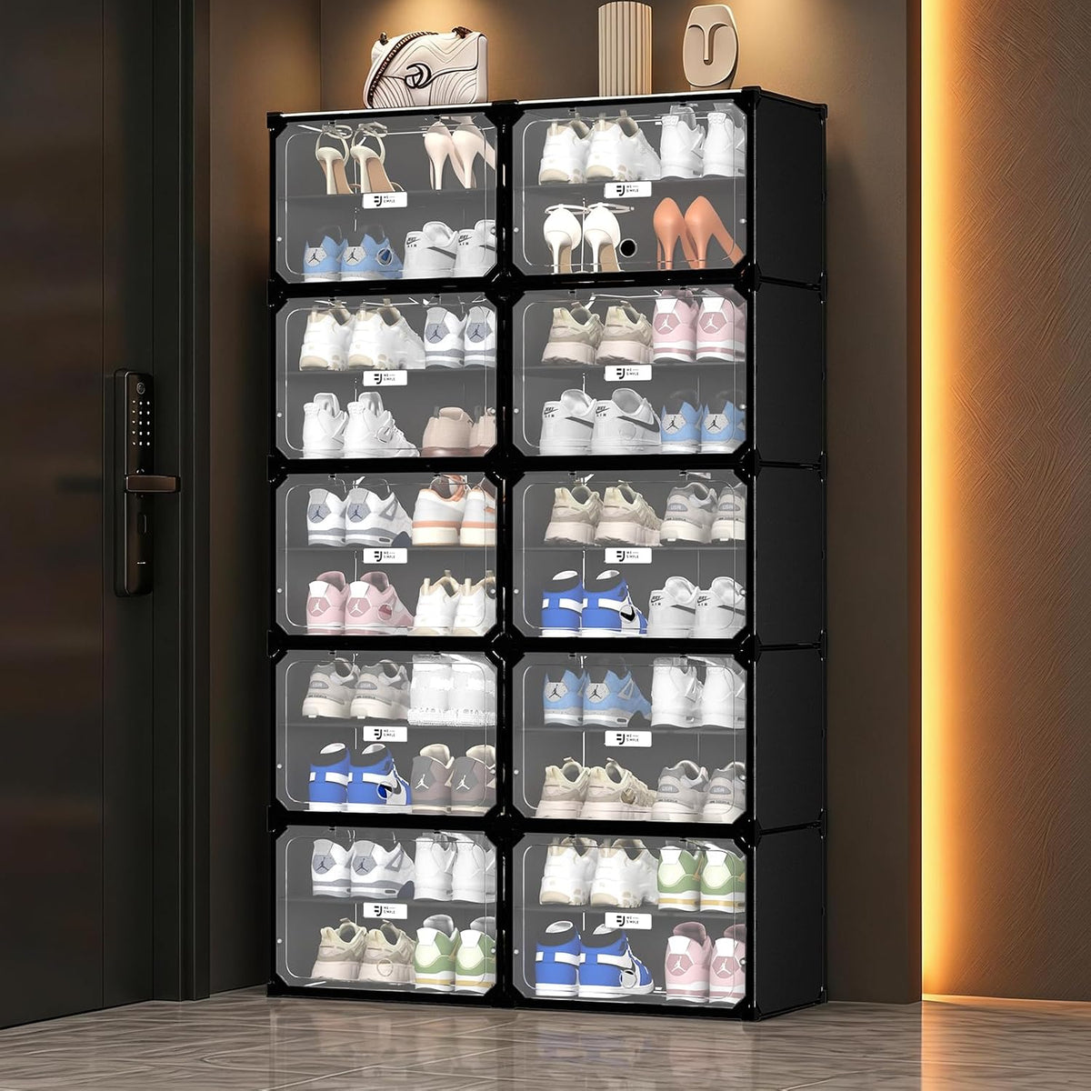 Black 10 Tier Large Modular Shoe Storage Cabinet with Magnetic Doors