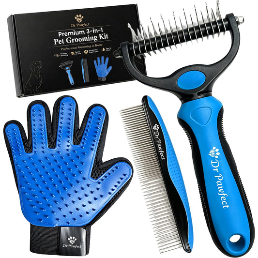 Dog and Cat Grooming Kit – Deshedding Brush, Pet Grooming Comb & Hair Grooming Glove for Shedding,Detangling & Undercoat Care, Safe for Long & Short Hair Pet, 3-In-1 Solution
