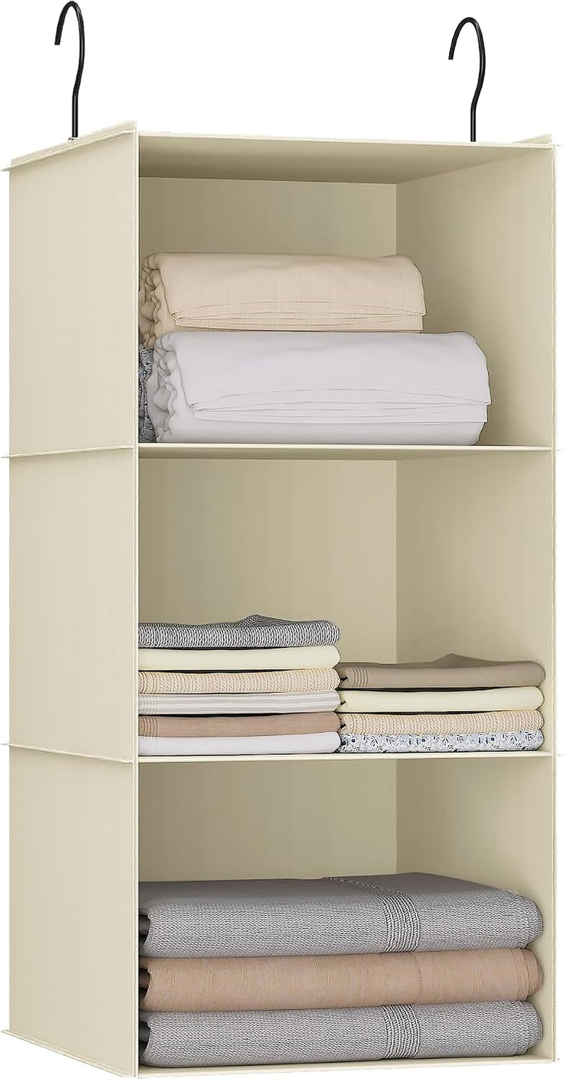 Hanging Closet Organizer 3-Shelf, Oxford Fabric Wardrobe Storage, Beige