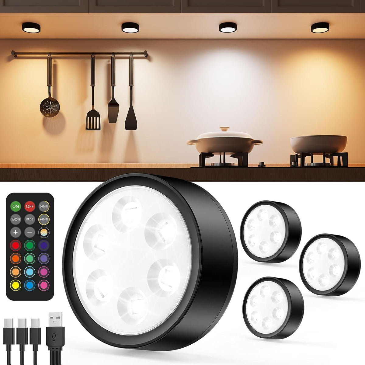 2400Mah Rechargeable Puck Lights with Remote, Cabinet Stick on Light
