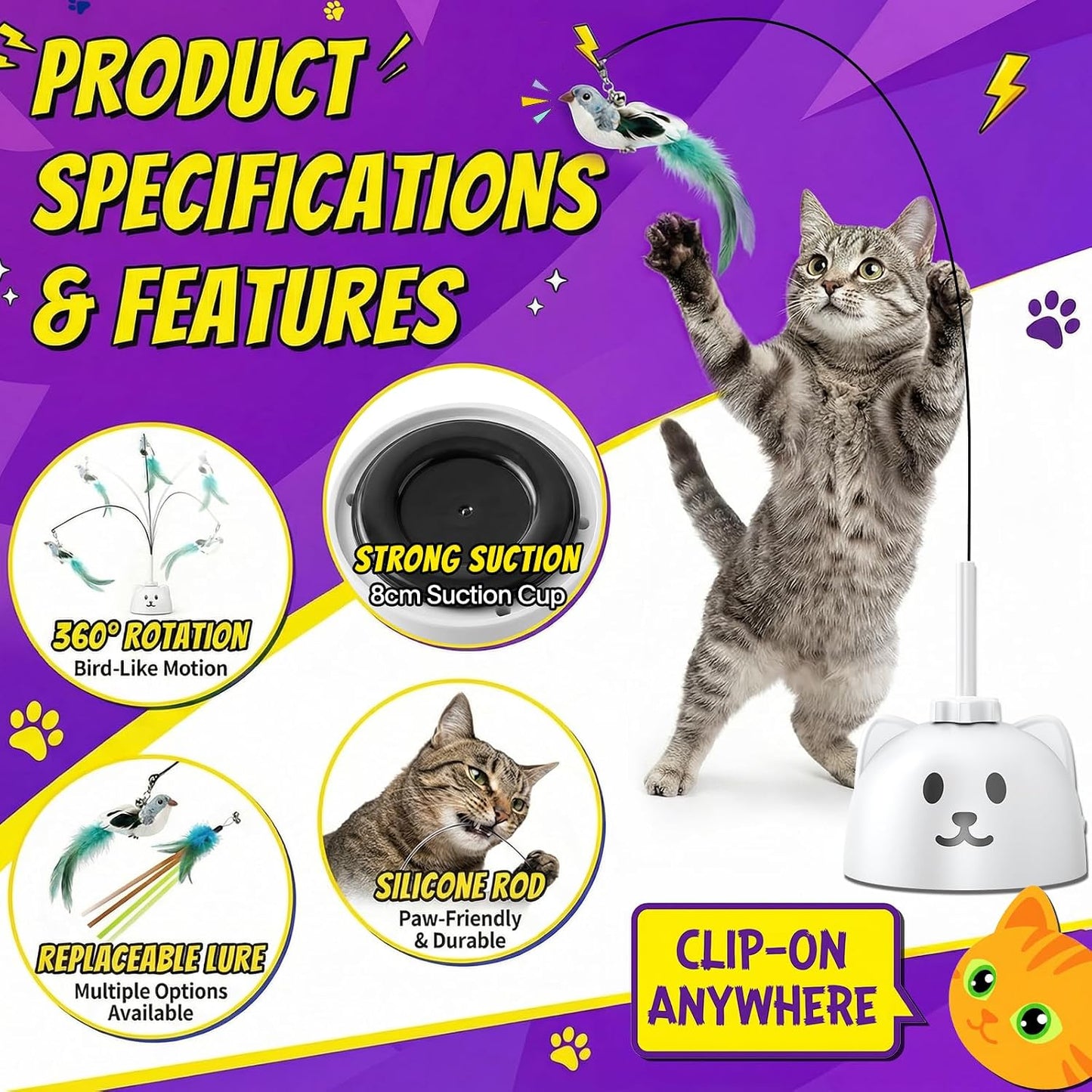 Interactive Cat Toys for Indoor Cats, Automatic Flying Bird Cat Toy with 360° Feather Wand, Strong 8Cm Suction Cup, USB Rechargeable Self-Play Cat Toy for Bored Kittens & Adult Cats