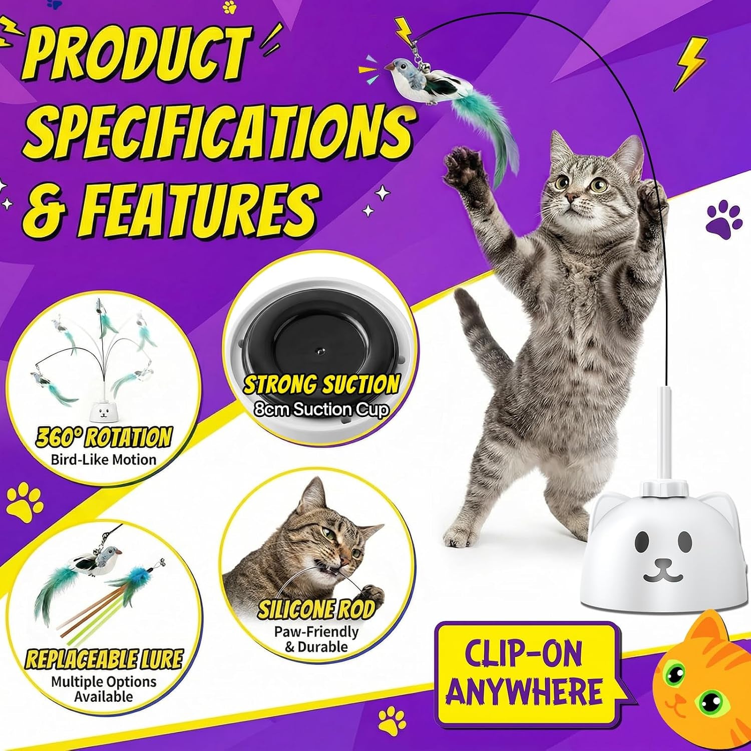 Interactive Cat Toys for Indoor Cats, Automatic Flying Bird Cat Toy with 360° Feather Wand, Strong 8Cm Suction Cup, USB Rechargeable Self-Play Cat Toy for Bored Kittens & Adult Cats
