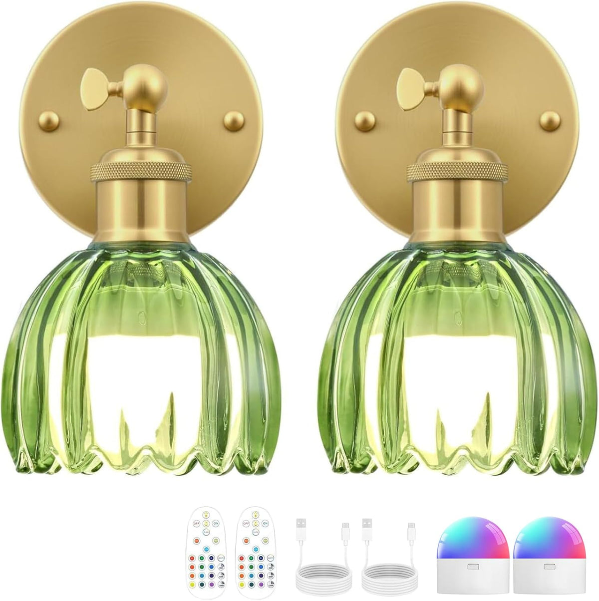 Vintage Battery Operated Wall Sconce, Green Tulip Glass Lampshade Wireless Rechargeable Battery Powered LED Wall Light with Remote Dimmable for Bedside Bedroom Doorway Living Room, Set of 2