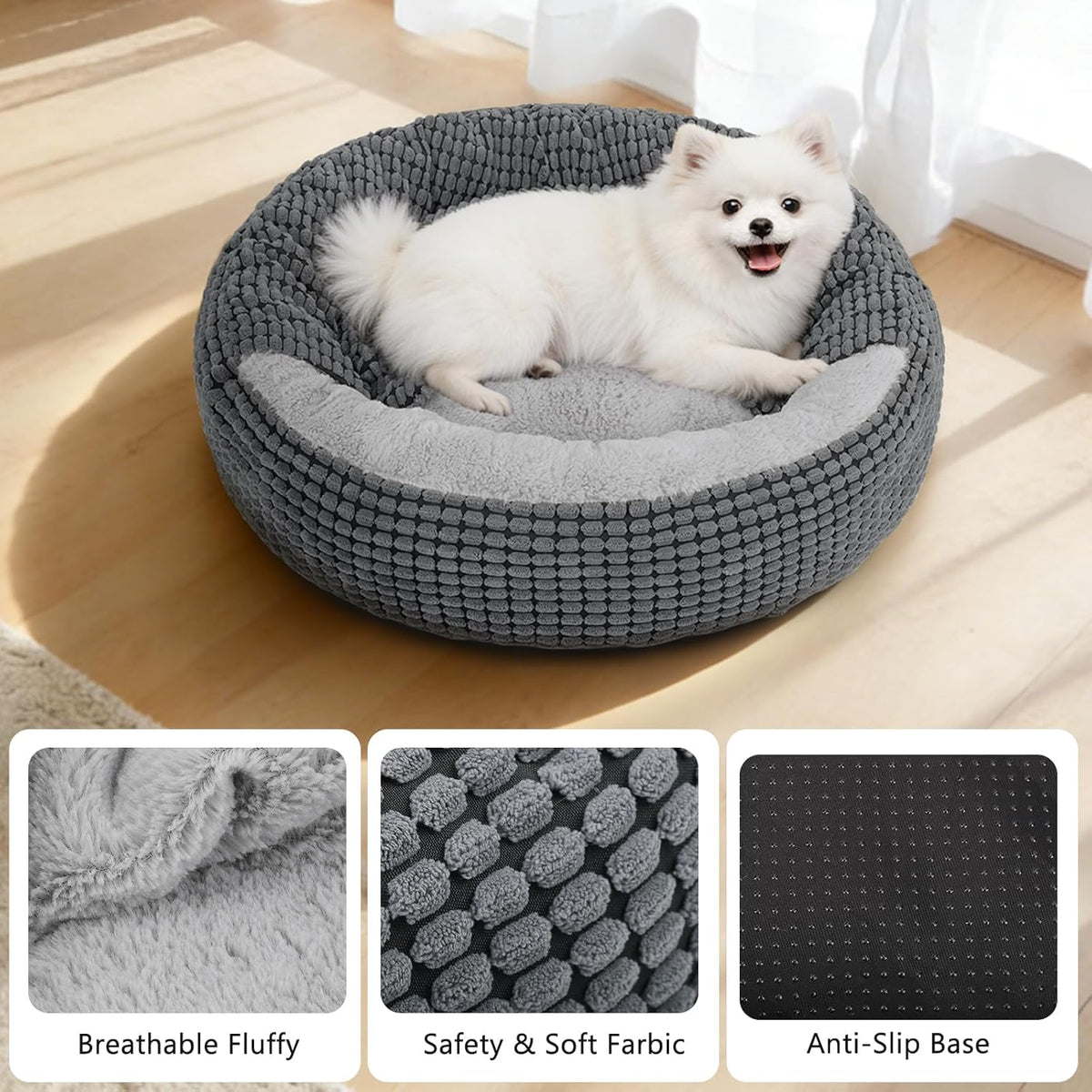 Dog Bed with Attached Blanket for Small Dogs or Cats, Soft Plush Cozy Donut Cuddler Hooded Pet Beds Washable. round Puppy Bed Orthopedic, Calming Cat Cave Bed. Anti-Slip Bottom 26Inch
