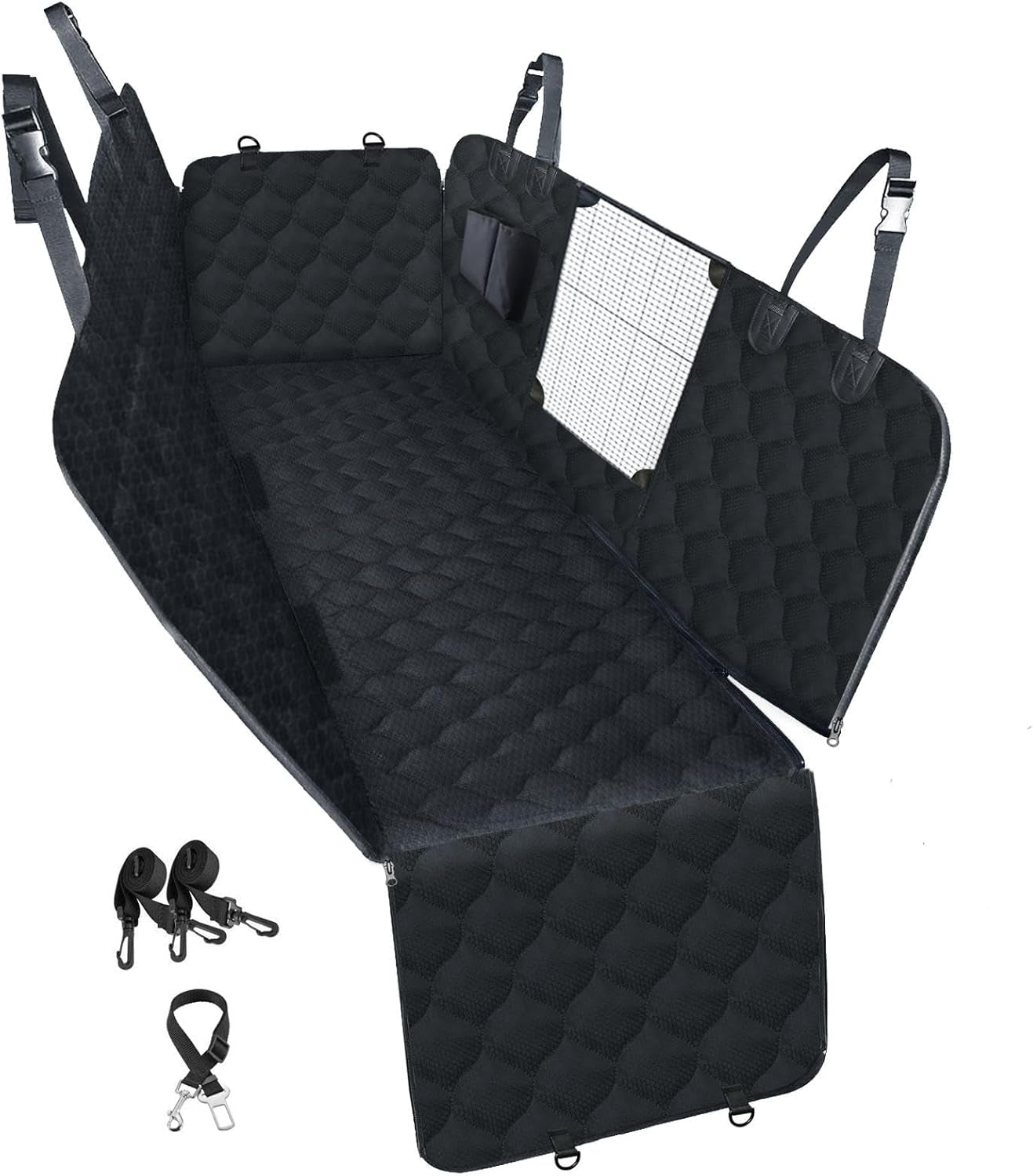 PETICON Dog Car Seat Cover with Mesh Window, 100% Waterproof Pet Seat Cover for Back Seat, Scratchproof Dog Hammock for Cars, Trucks, Suvs, Jeeps, Black
