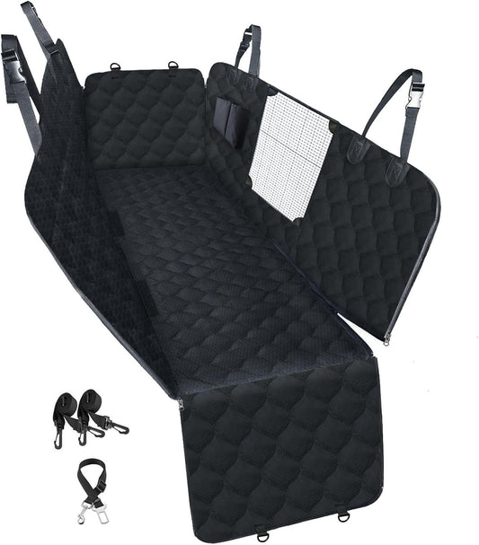 PETICON Dog Car Seat Cover with Mesh Window, 100% Waterproof Pet Seat Cover for Back Seat, Scratchproof Dog Hammock for Cars, Trucks, Suvs, Jeeps, Black