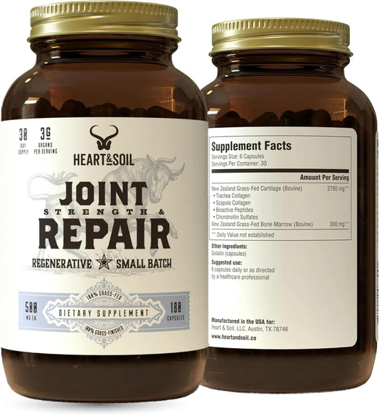 Heart & Soil 100% Grass Fed & Finished Joint Support Supplement from Regenerative Cattle with Trachea, Scapula & Bone Marrow – Supports Joint Strength & Mobility – 3000Mg – Glass Bottle – 180 Capsules