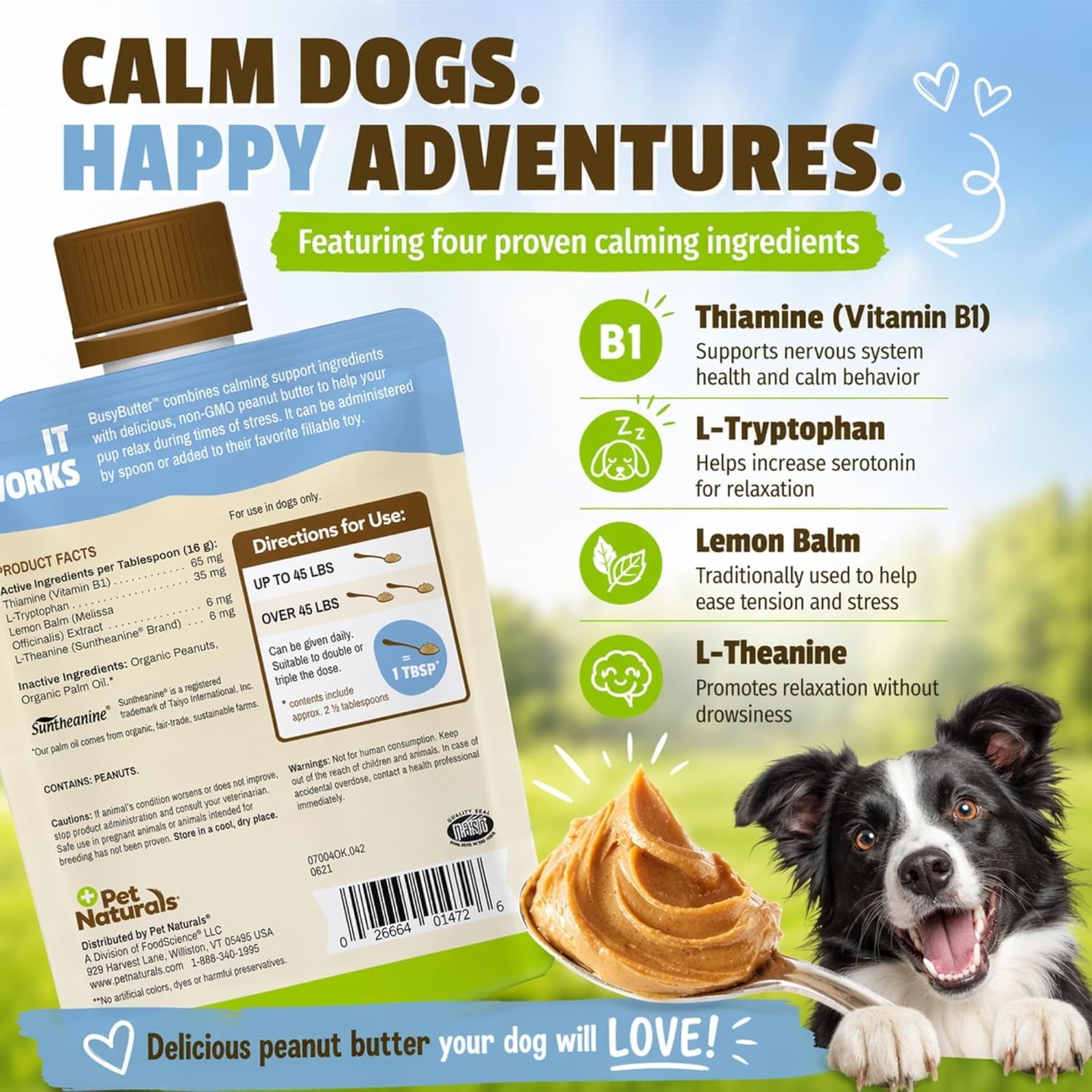 Pet Naturals Busybutter Easy Squeeze Calming Peanut Butter for Dogs, 6 Pouches - Great for Treats, Lick Mats, Training, Calming, and Occupier Toys, Busy Butter, 1.5Oz (Pack of 6)