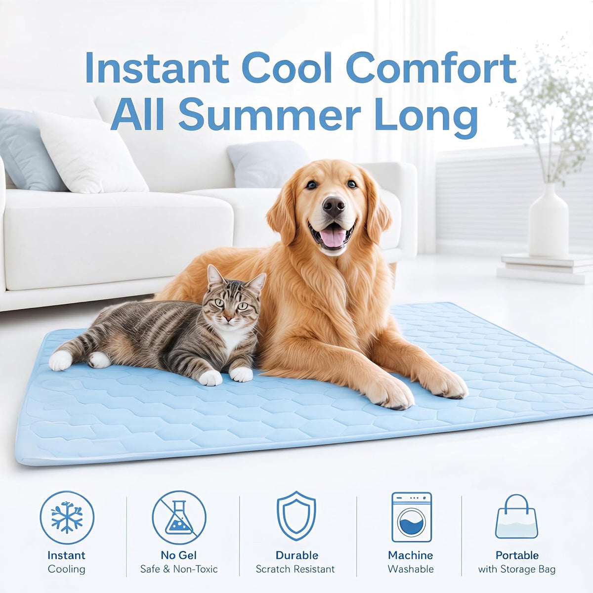 Dog Cooling Mat for Dogs & Cats, Breathable Ice Silk, No Gel Design, Non-Slip Washable Cooling Bed for Crate, Couch, Car, Indoor Outdoor (Large)