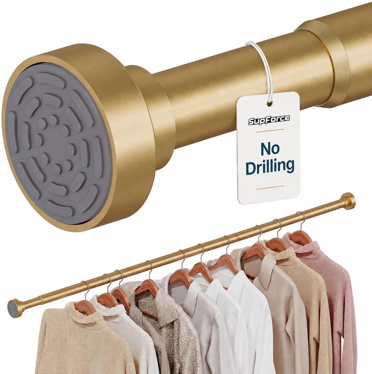Closet Rod, No Drill Tension Closet Rod for Hanging Clothes, 17-69In, Gold