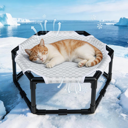 Elevated Cat Cooling Hammock Bed, Hexagonal Raised Cat Cot with Breathable Ice Beanie Fabric and anti Slip Block, Cooling Pad Mat Indoor Outdoor Stable Pet Swing Bed for Small Puppy, Gery