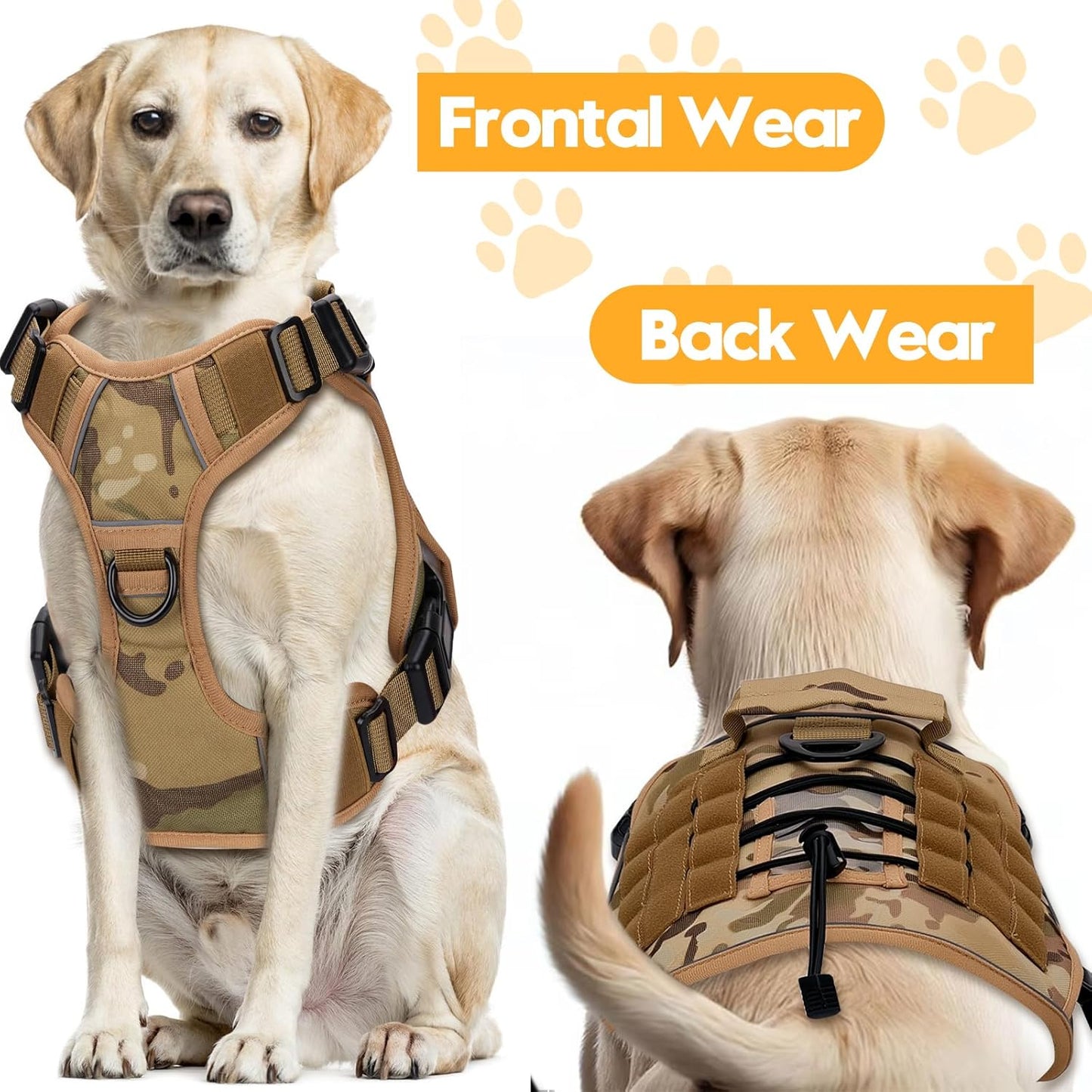 Heavy-Duty Tactical Dog Harness for Large Dogs, No Pull Adjustable Reflective Pet Vest with Molle System, K9 Military-Grade Control for Service Training, Outdoor & 10+ Breeds, Desert Camo, Xx-Large