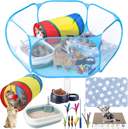 13 Pcs Kitten Starter Kit with Playpen Litter Box Feeder, Blue