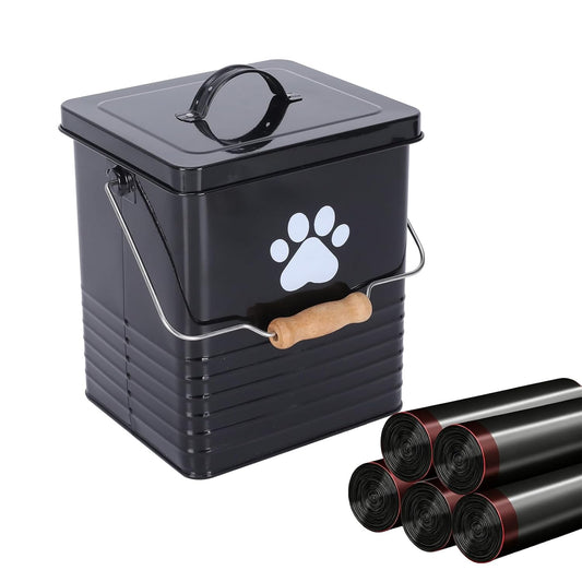 1.85Gal/7L Small Outdoor Trash Can with Lid, Metal Dog Poop Trash Can Outside, Dog Waste Container Bucket Handle(75 Trash Bags Included)-Black