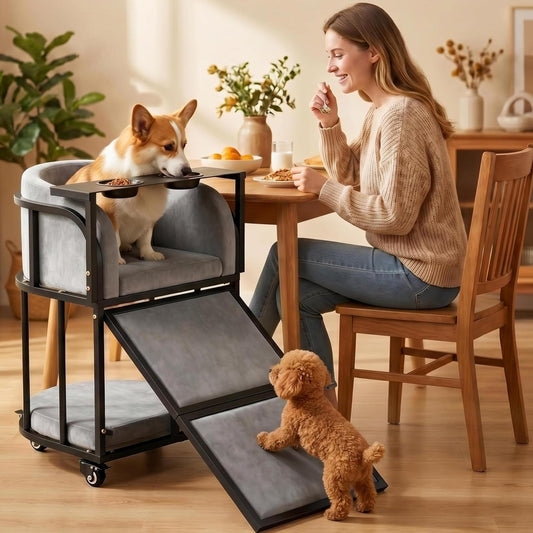 6-In-1 Dog High Chair & Window Perch with Ramp for Small Dogs, Elevated Pet Feeding Sofa Bed, Wheels, Raised Dog Feeder 2 Stainless Bowls, Memory Foam Velvet Dog Sofa, Dark Grey(Patent)