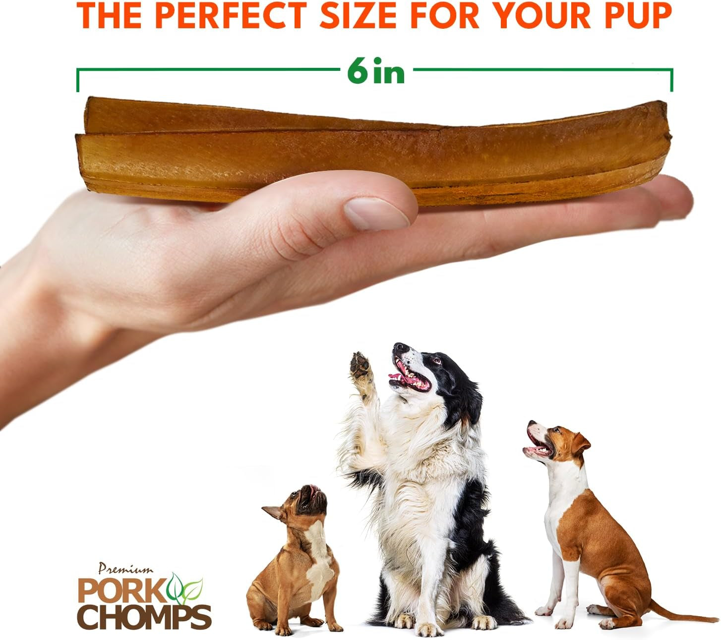 Pork Chomps Roasted Pork Skin Dog Chews, 6 Inch Rib Shapes, 10 Count, Pack of 1 - Long-Lasting Treats for Dogs - High Protein, Rawhide-Free, Low Fat, Healthy & Delicious Chews