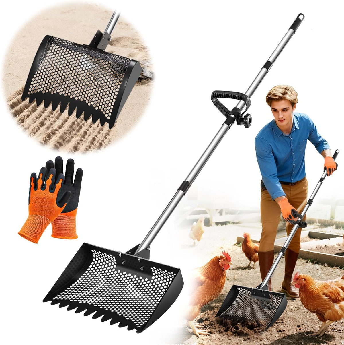 12Inch Chicken Poop Scooper & Rake 2-In-1 with Adjustable Handle