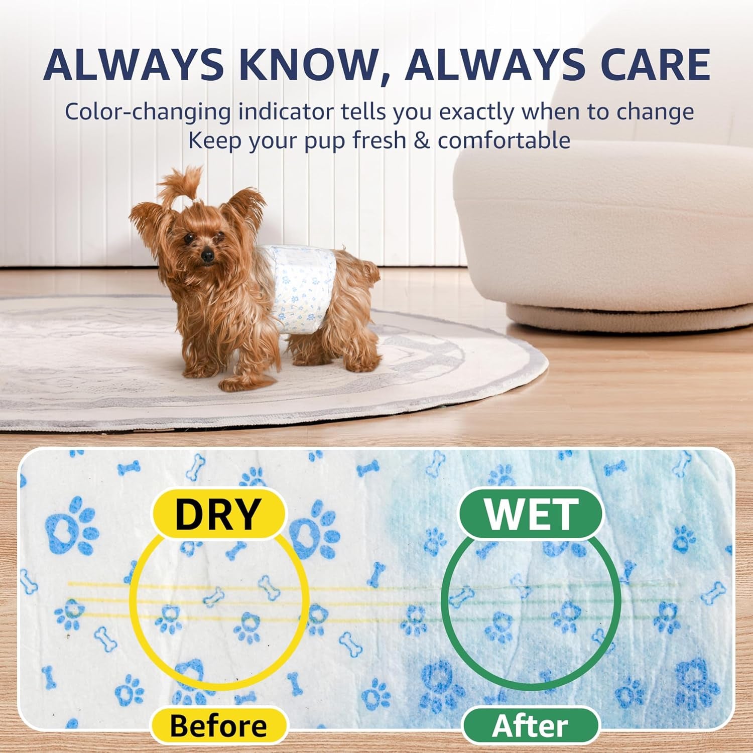 Dog Diapers Male XS, Disposable Wraps Belly Bands, 6-13", 50 Ct | 6-Layer Absorbent Core · Wetness Indicator · Soft Fit · Leak-Resistant Protection · for Teacup, Toy Breeds & Puppies