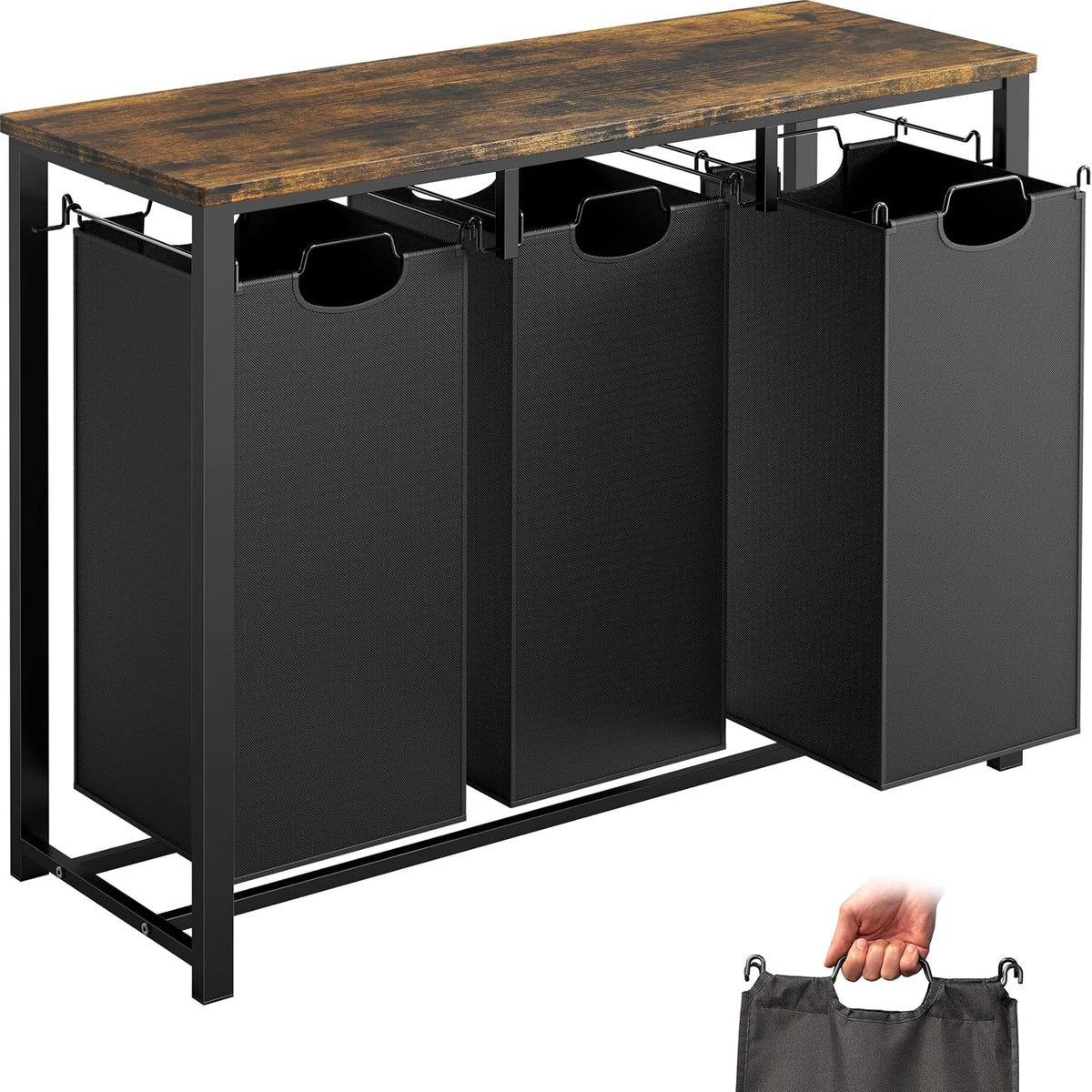Simple Houseware 3-Section Laundry Sorter W/Tabletop Shelf, Rustic Brown