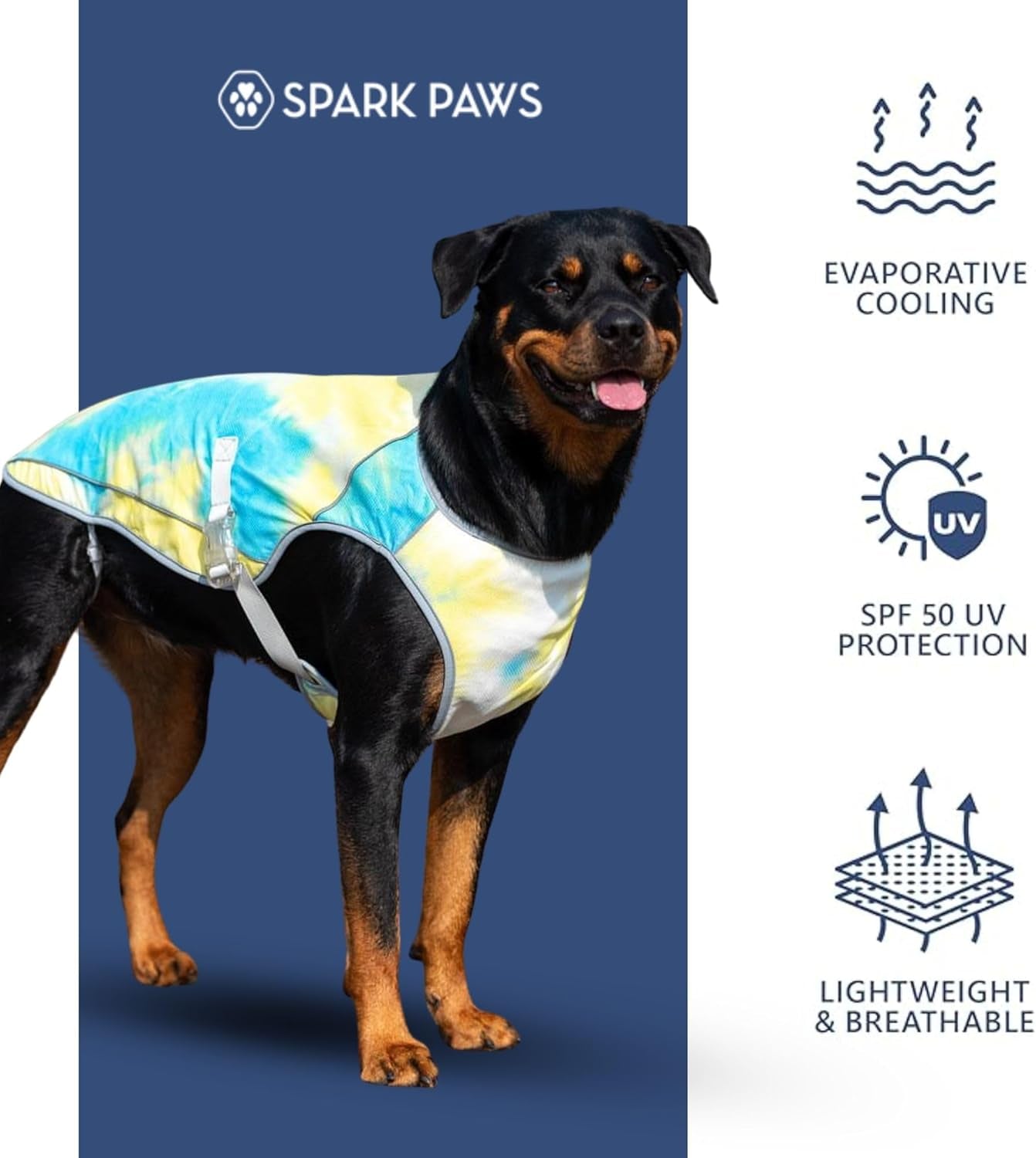 Spark Paws Dog Cooling Vest - SPF 50 UV Sun Protection - Summer Heat Relief Gear for Dogs, Lightweight, Evaporative Cooling - Dog Anxiety Relief Vest during Hot Days - Tropical Storm, XL
