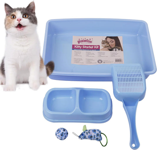 PAWISE Small Cat Litter Box,14.3 X 10.6 X 2.5 Kitten Litter Box Starter Kit,Low Entry,Scoop,Bowls,Cat Mouse Toy and Ball Toy,First Catty Owner Essentials(Blue)
