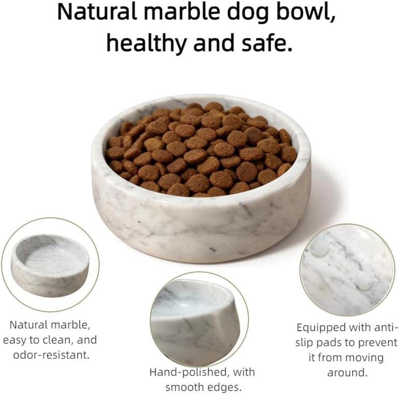 Dog Bowl Natural Carrara Marble Dog Dish Heavy Duty Pet Food and Water Bowl for Dogs and Cats, Non-Slip Stone Pet Dish, Tip-Proof & Chew-Proof, Elegant White Marble Design, 600Ml (20Oz)
