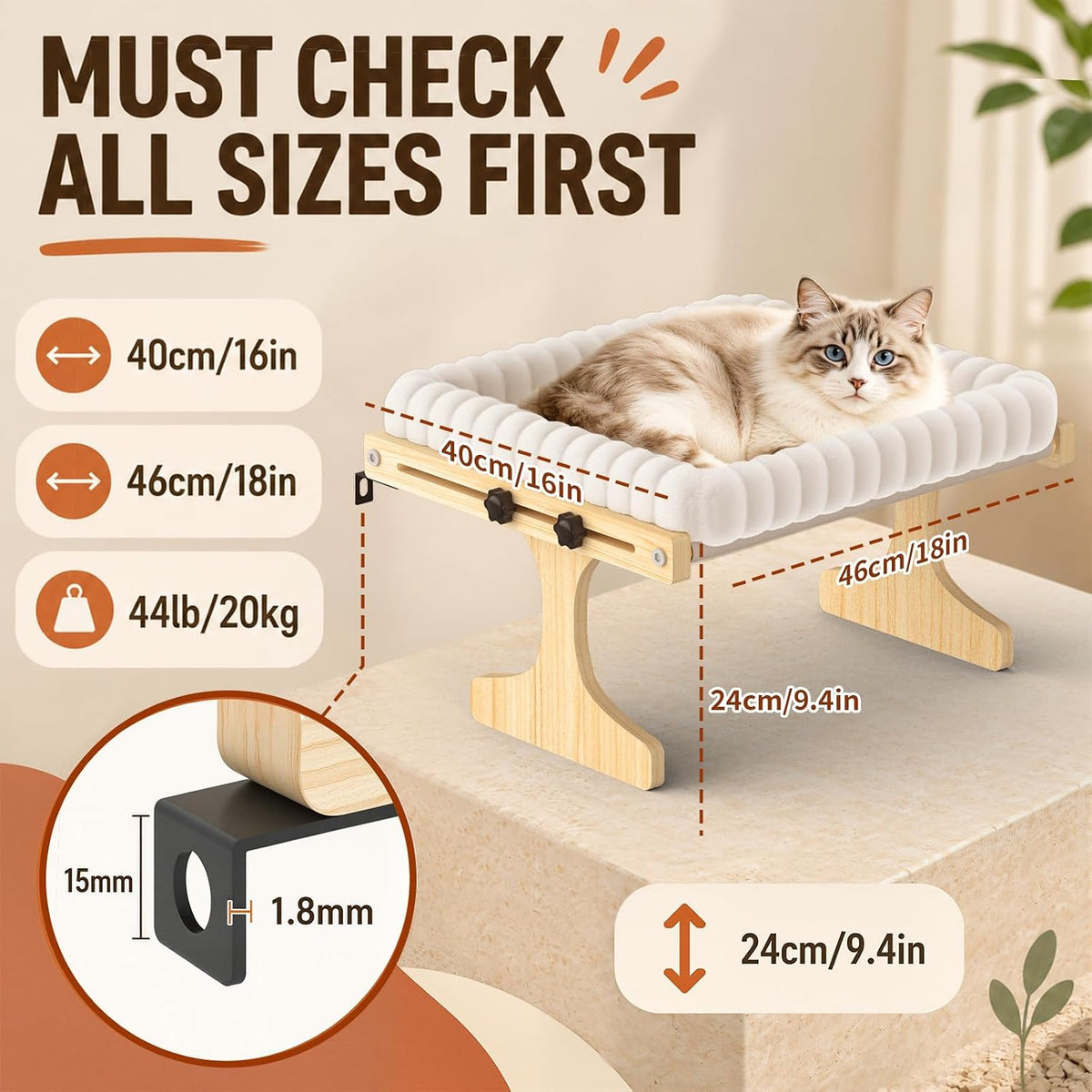 Cat Perch for Window Xiaz Cats Hammock Indoor for Small Medium Sized Cat Window Bed Adjustable Wooden Frame W/Soft Cushion Perfect for Bird Watching Sunbathing Space-Saving Easy Install Single Layer