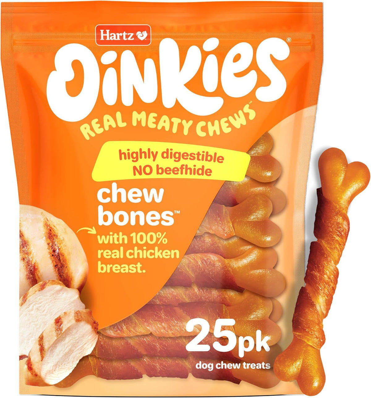 Oinkies Chicken Wrapped Lasting Chew Bone Dog Treats, 25 Ct