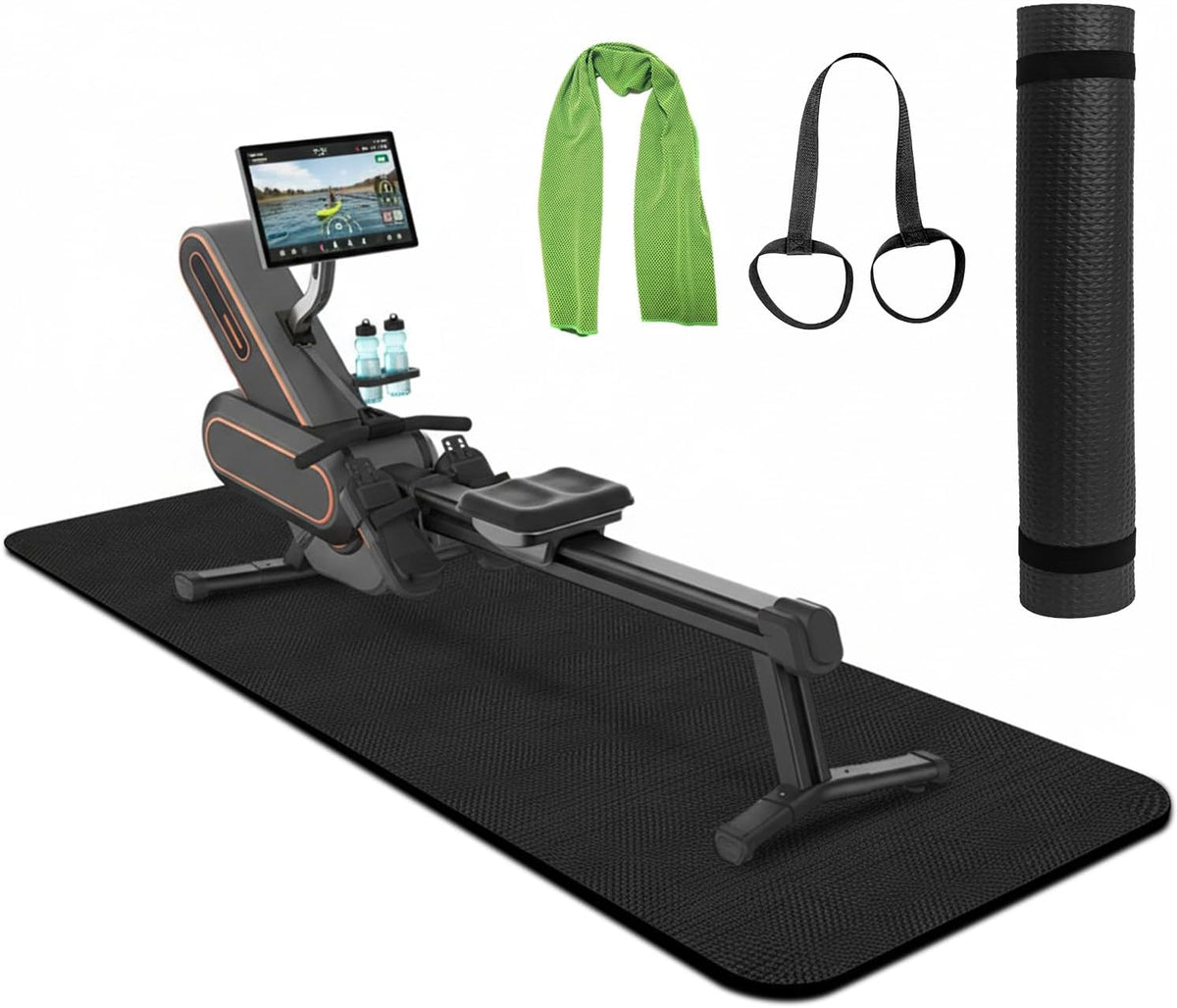 Rowing Machine Mat 96" X 28" with Sports Towel and Strap,Treadmill Mat Compatible with Peloton Bike, Row & Concept 2 Rowing Machine,Exercise Bike,Gym Exercise Fitness Equipment