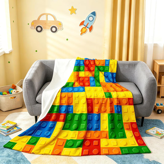 Building Blocks Thermal Insulated Flannel Fleece Throw Blanket,Toy Geometric Rectangle All Season Bed Blanket Fuzzy Blanket for Bed Sofa Couch,Modern Style Bedroom Decor Plush Blanket Throw 50"X60"